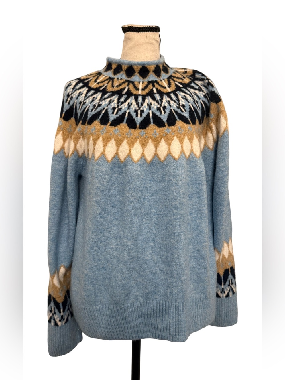 CeCe Fair Isle Mock Neck Sweater | Blue Nordic Pattern | Size L